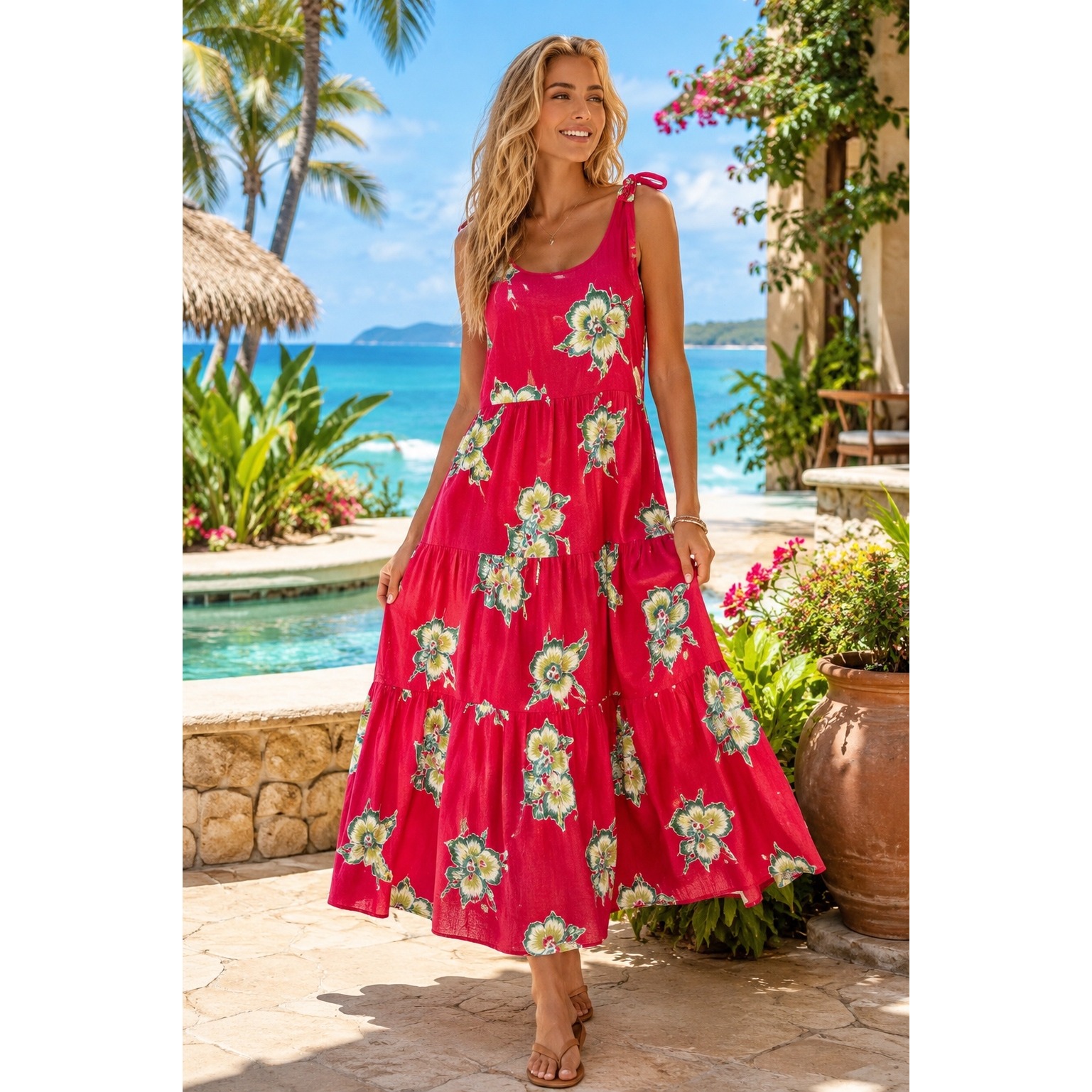 Faherty Womens Xs Pink Tropical Floral Tiered Maxi Dress Organic Cotton